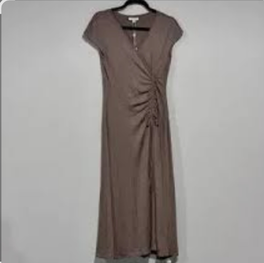 Cap Sleeve Side Ruched Midi Dress In Taupe